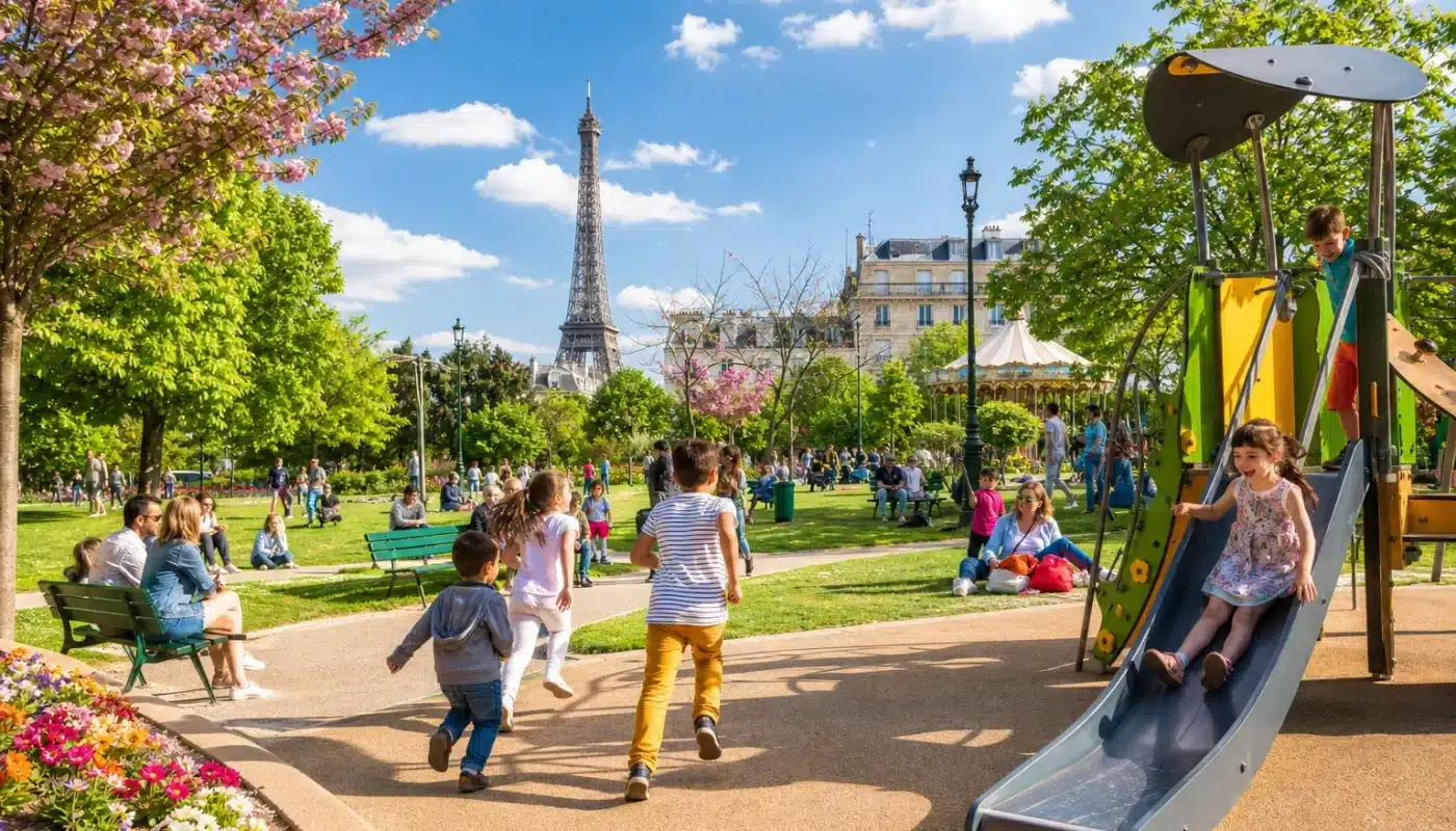 Enfants jouant en famille dans un parc parisien en été