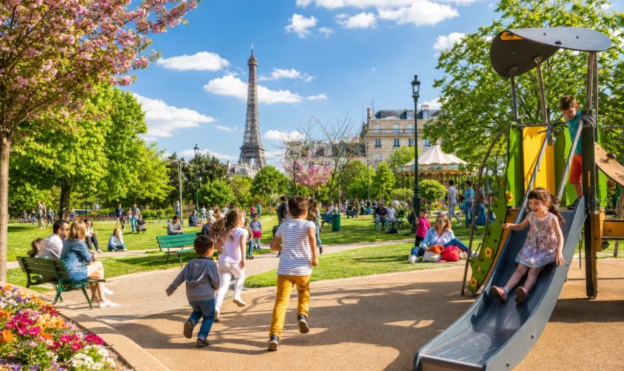 Enfants jouant en famille dans un parc parisien en été