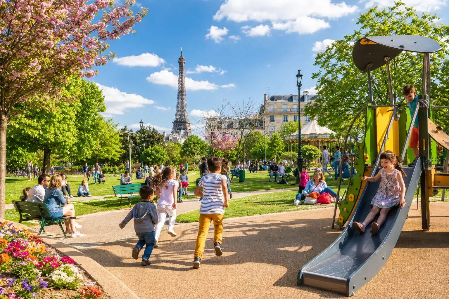 Enfants jouant en famille dans un parc parisien en été