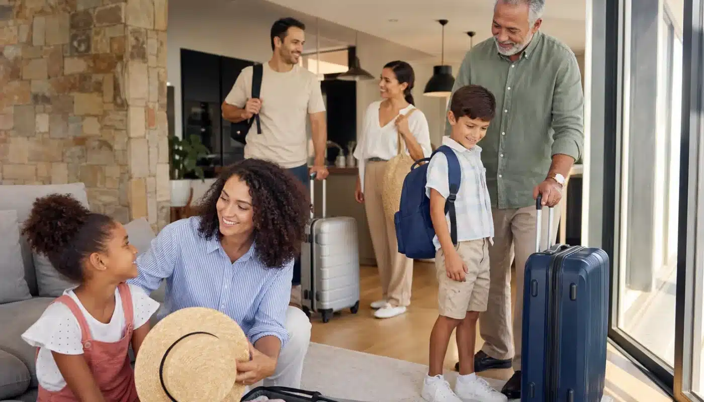 Famille voyageant sereinement avec valises et planification