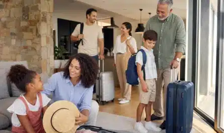 Famille voyageant sereinement avec valises et planification