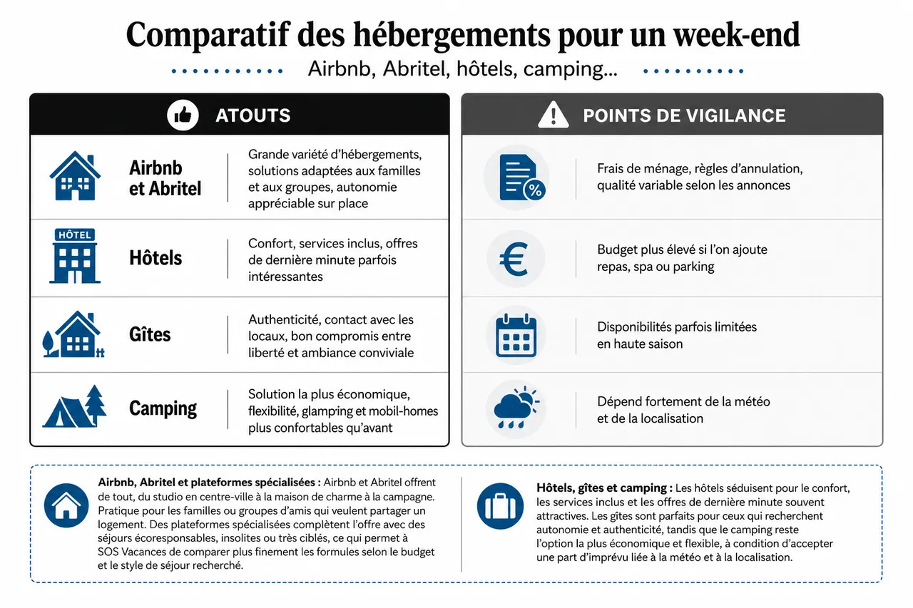 Week-ends en 2026: comment choisir la bonne formule selon votre budget , Comparatif des hébergements pour un week-end: Airbnb, Abritel, hôtels, camping...