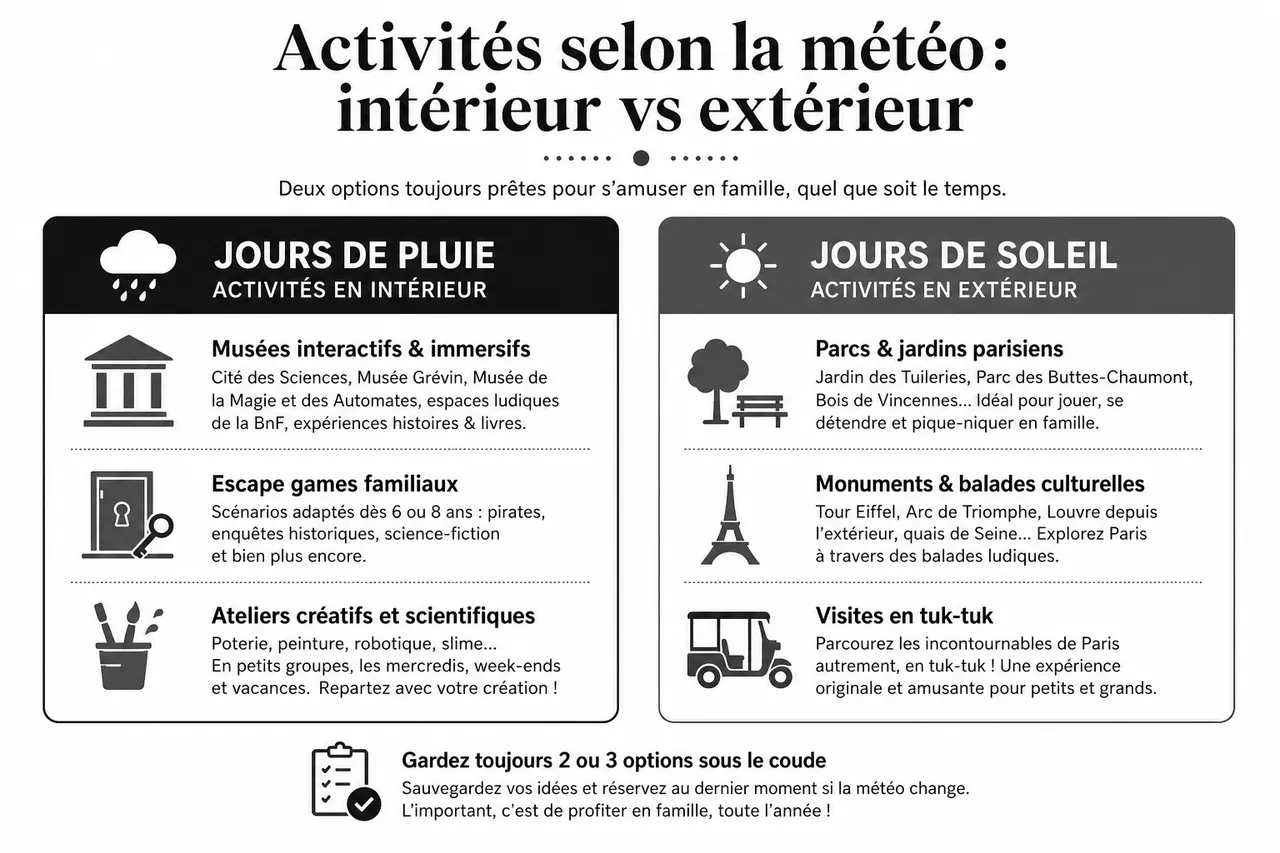 Activités pour enfant à Paris: où s'amuser en famille toute l'année , Activités selon la météo: intérieur vs extérieur