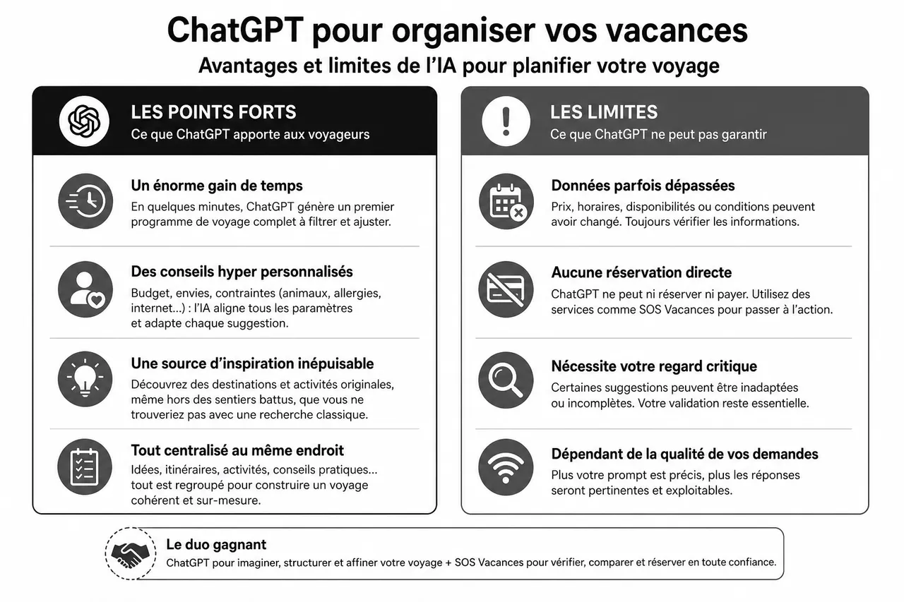 Chat GPT pour organiser vos vacances: le guide complet 2026 , Avantages et limites de ChatGPT pour l’organisation de vacances