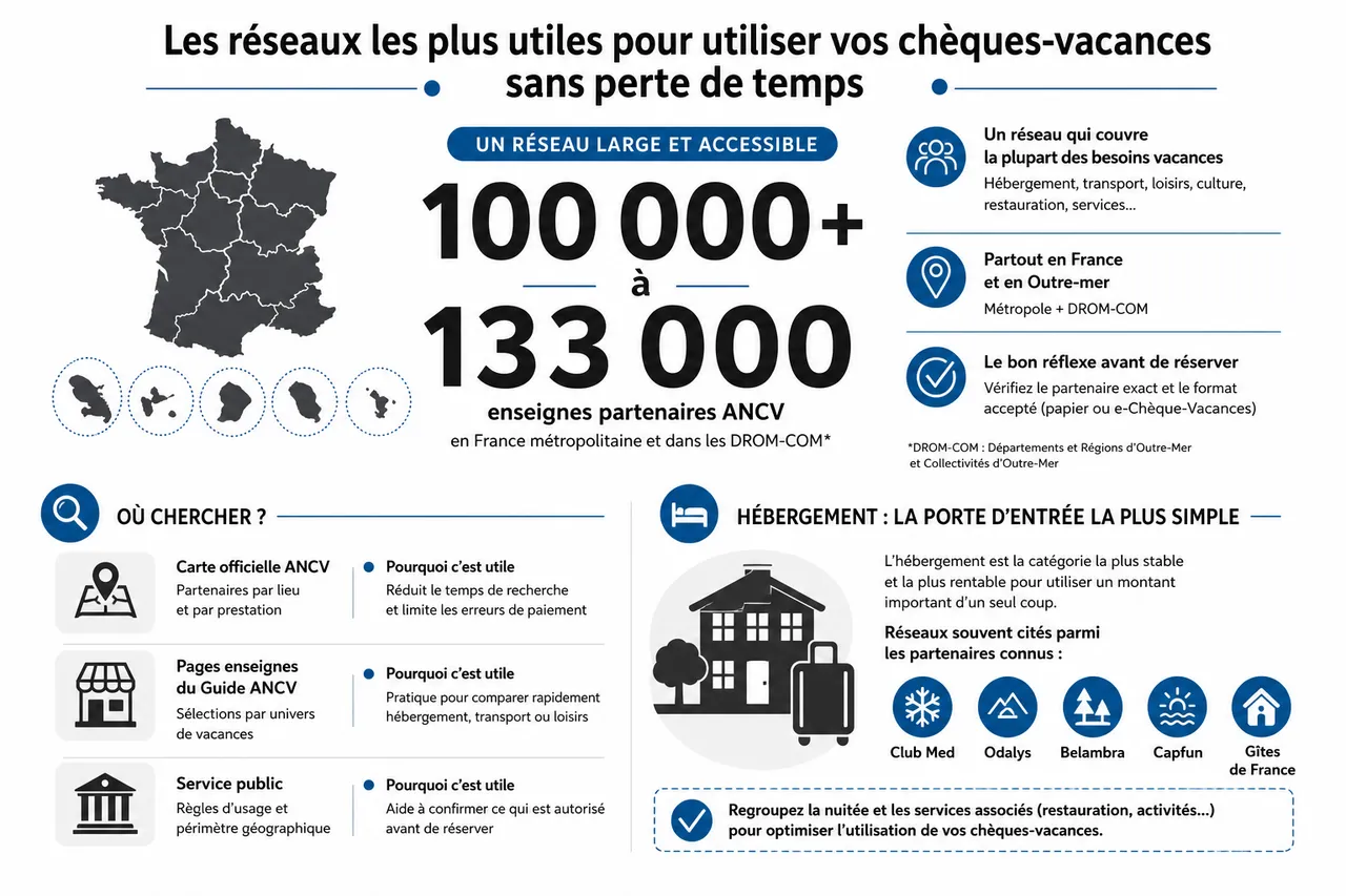 Chèques-vacances ANCV: où les utiliser sans perdre de temps , Les réseaux les plus utiles pour utiliser vos chèques-vacances sans perte de temps