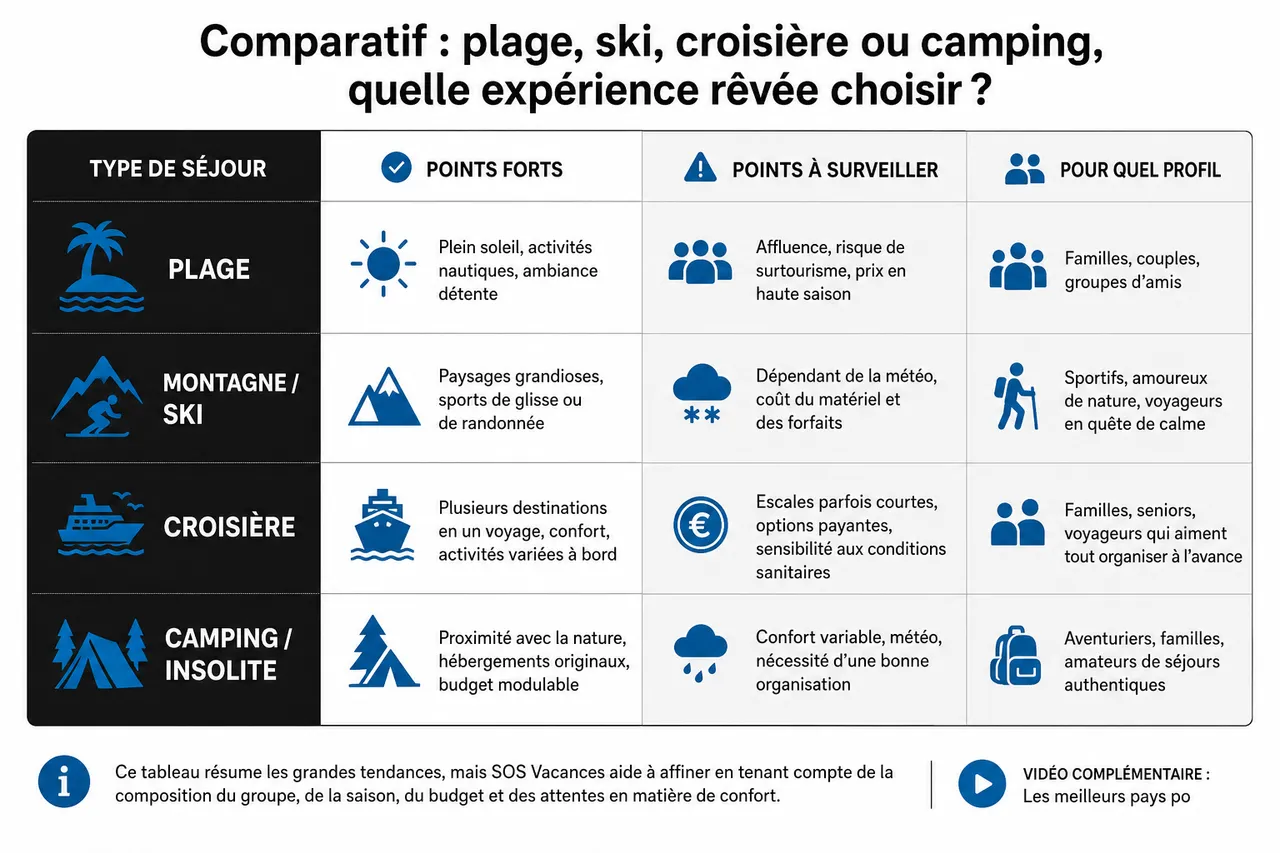 Destination de rêve avec 5 critères pour ne pas se tromper , Comparatif: plage, ski, croisière ou camping, quelle expérience rêvée choisir?