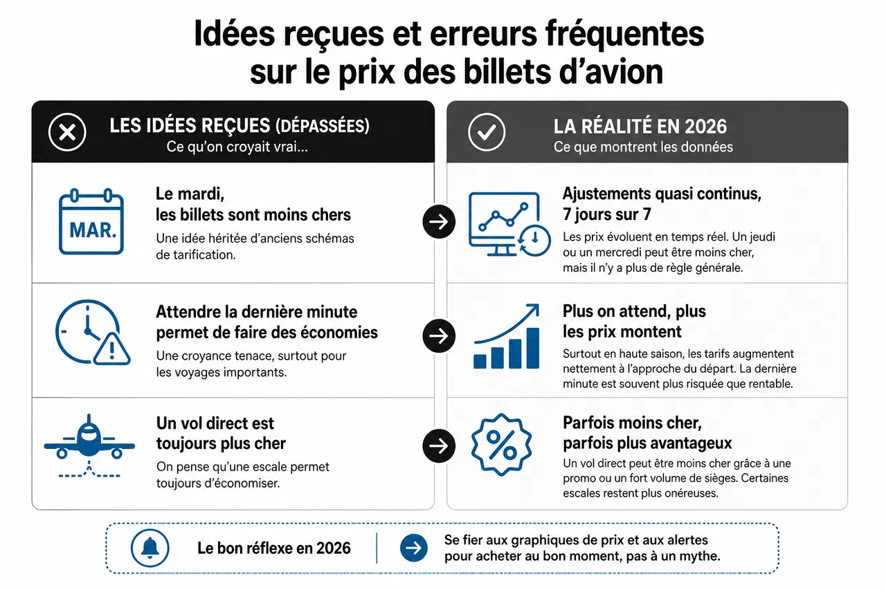 Prix d’un vol pourquoi le bon moment d’achat change tout , Idées reçues et erreurs fréquentes sur le prix des billets d’avion