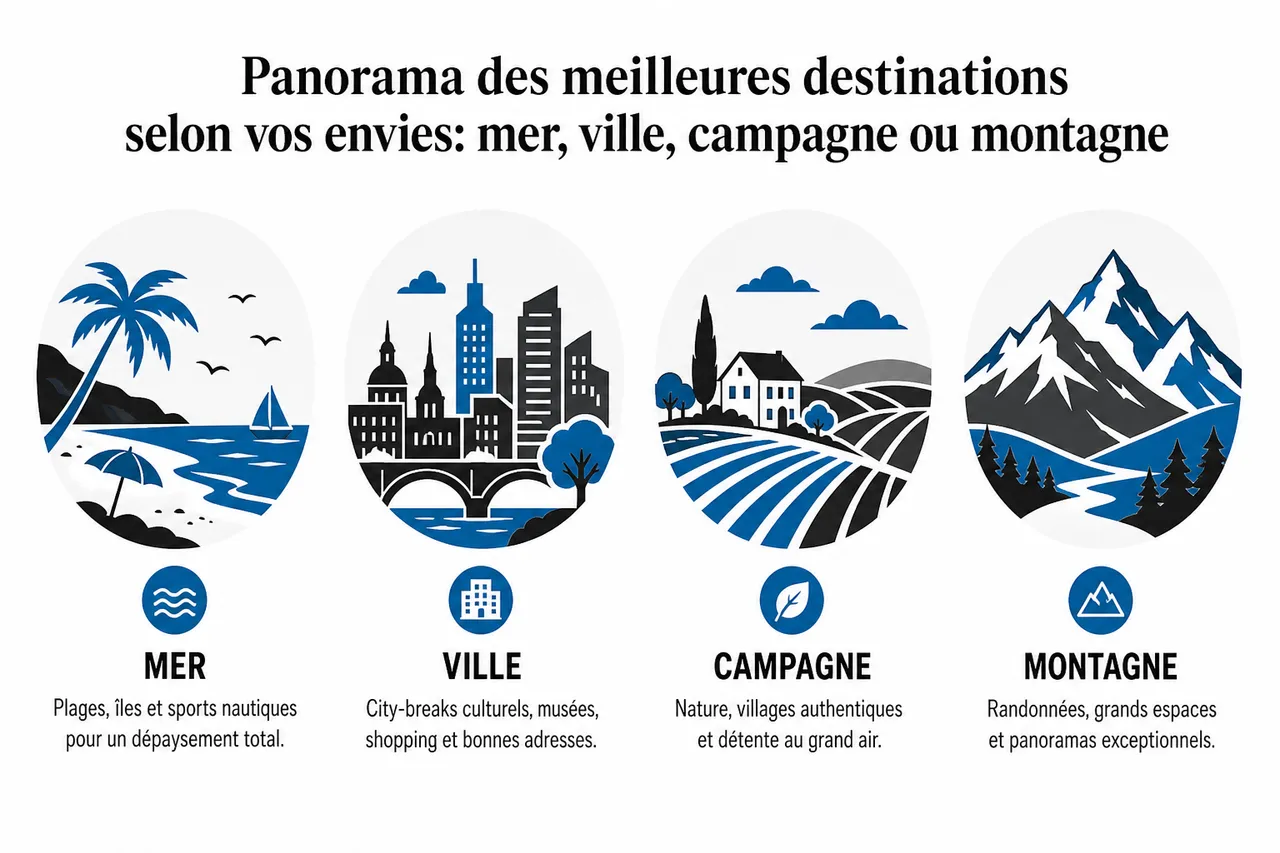 Vacances où partir quand on hésite encore entre mer, ville et campagne , Panorama des meilleures destinations selon vos envies: mer, ville, campagne ou montagne