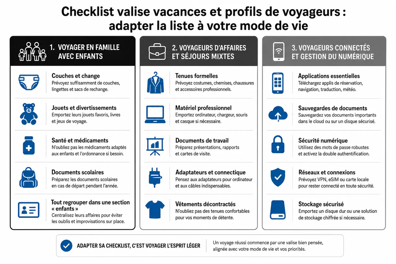 Checklist valise vacances les indispensables à ne pas oublier selon votre type de séjour , Checklist valise vacances et profils de voyageurs: adapter la liste à votre mode de vie