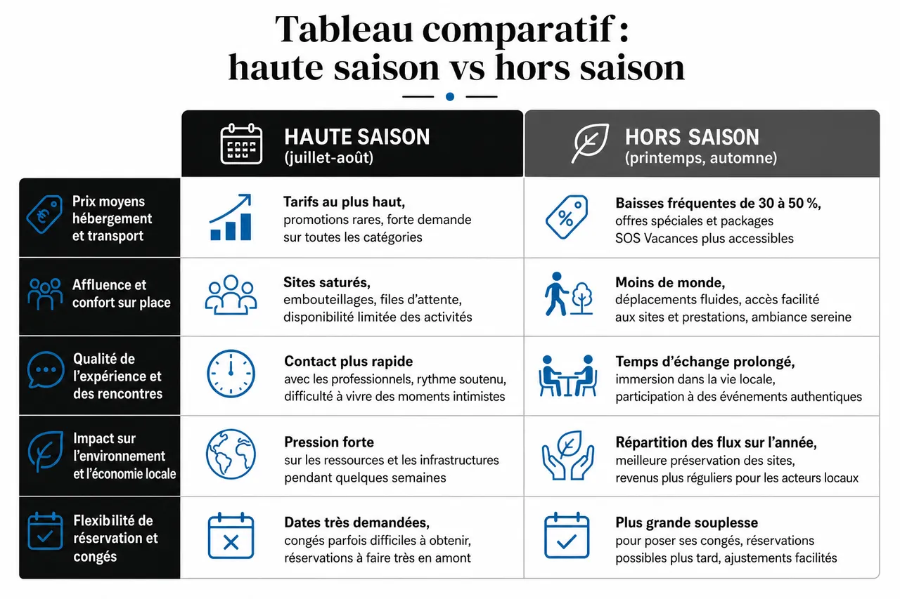 Vacances hors saison 5 avantages auxquels on ne pense pas assez , Tableau comparatif: haute saison vs hors saison