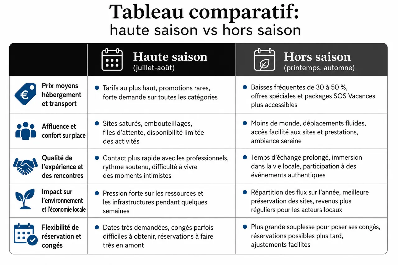 Vacances hors saison 5 avantages auxquels on ne pense pas assez , Tableau comparatif: haute saison vs hors saison