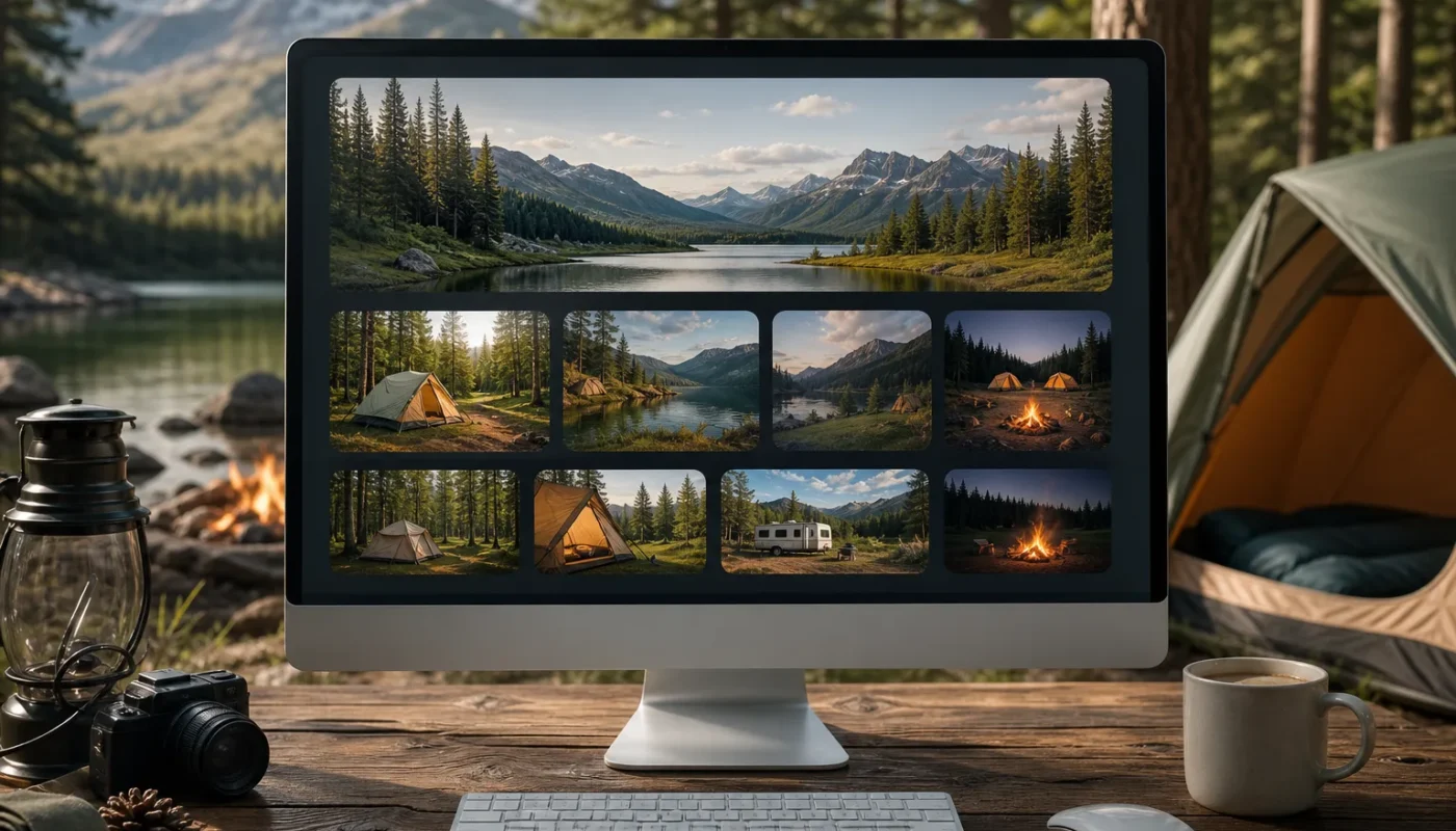 Camping en ligne réservation pour été 2026 avec ordinateur et nature