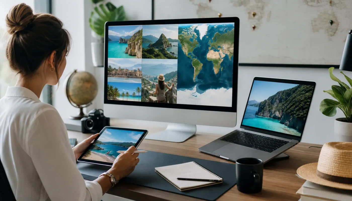 Planificateur de vacances avec ordinateur et cartes de voyage