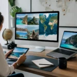 Planificateur de vacances avec ordinateur et cartes de voyage