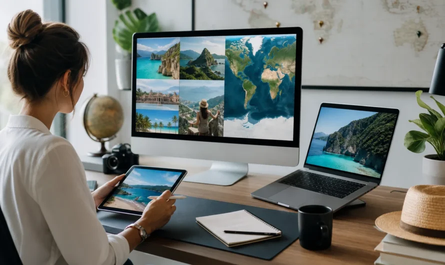 Planificateur de vacances avec ordinateur et cartes de voyage