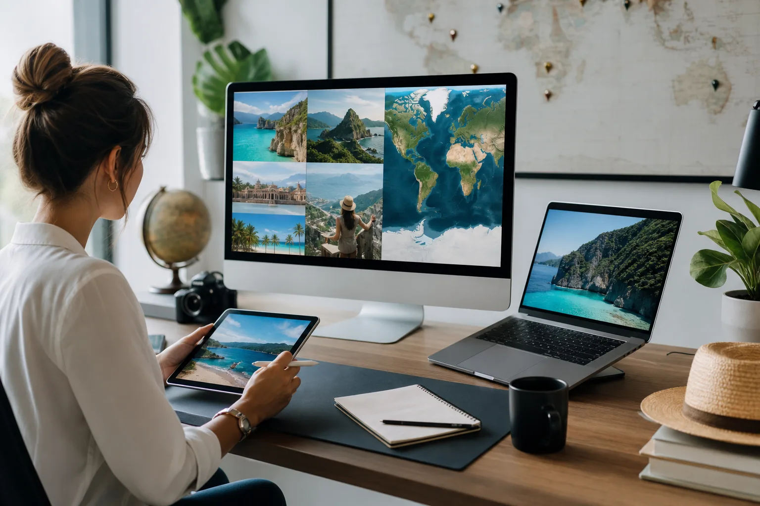Planificateur de vacances avec ordinateur et cartes de voyage