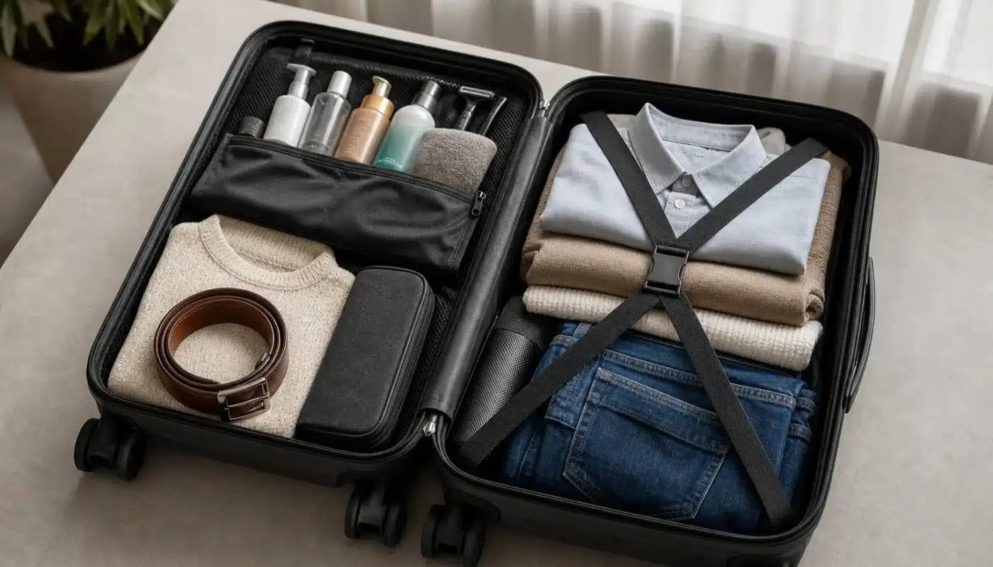 Valise ouverte avec vêtements et accessoires pour différents séjours
