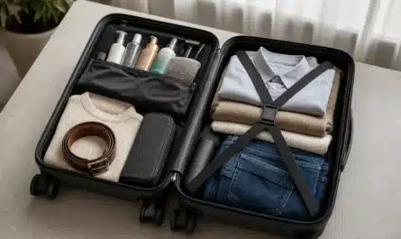 Valise ouverte avec vêtements et accessoires pour différents séjours