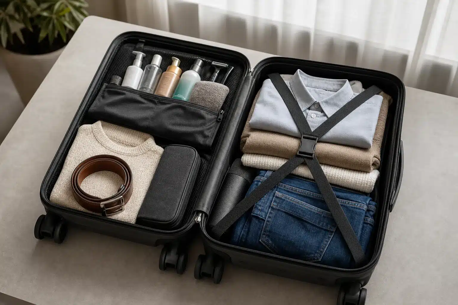 Valise ouverte avec vêtements et accessoires pour différents séjours