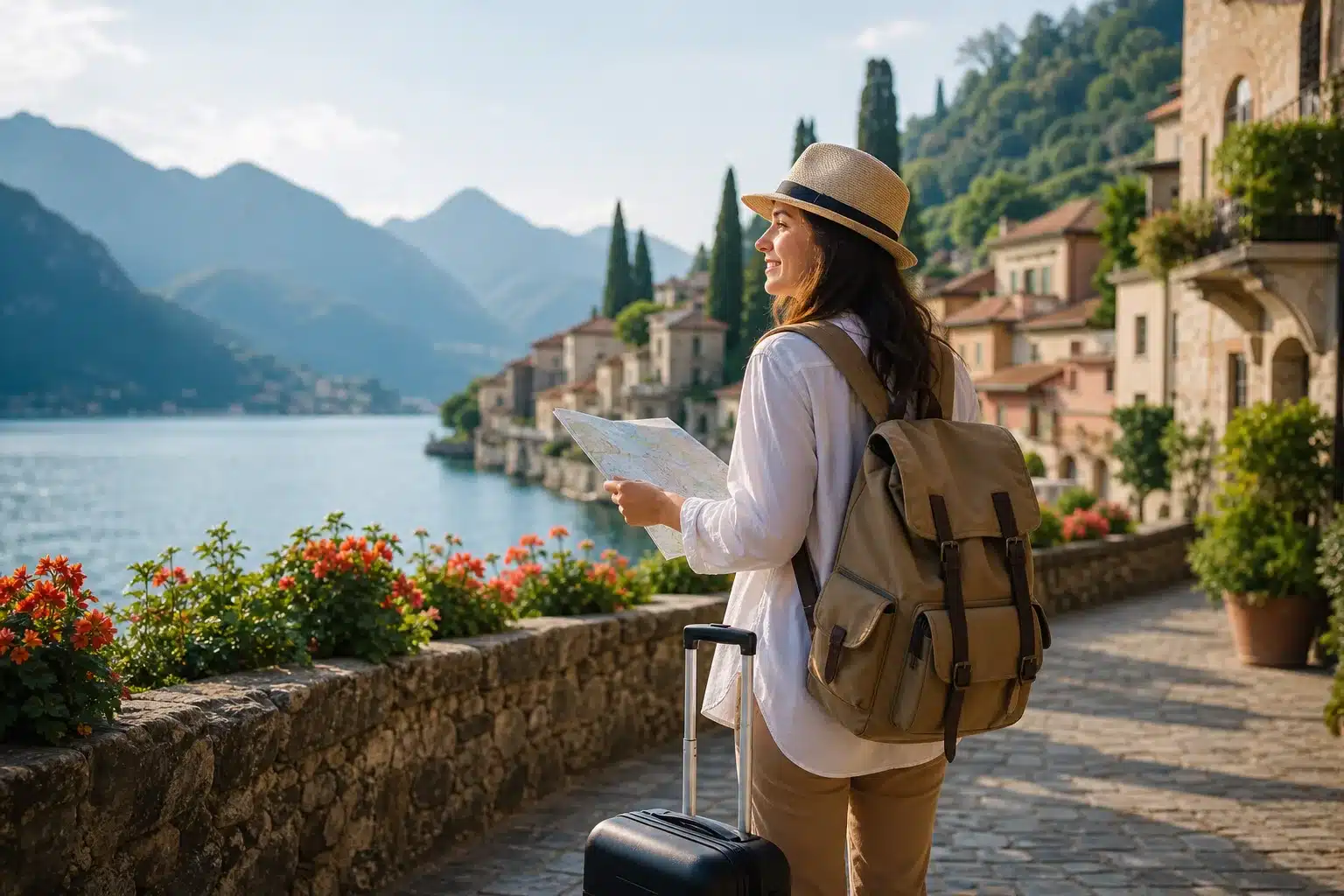 Voyage en solo serein avec sac à dos et carte de voyage