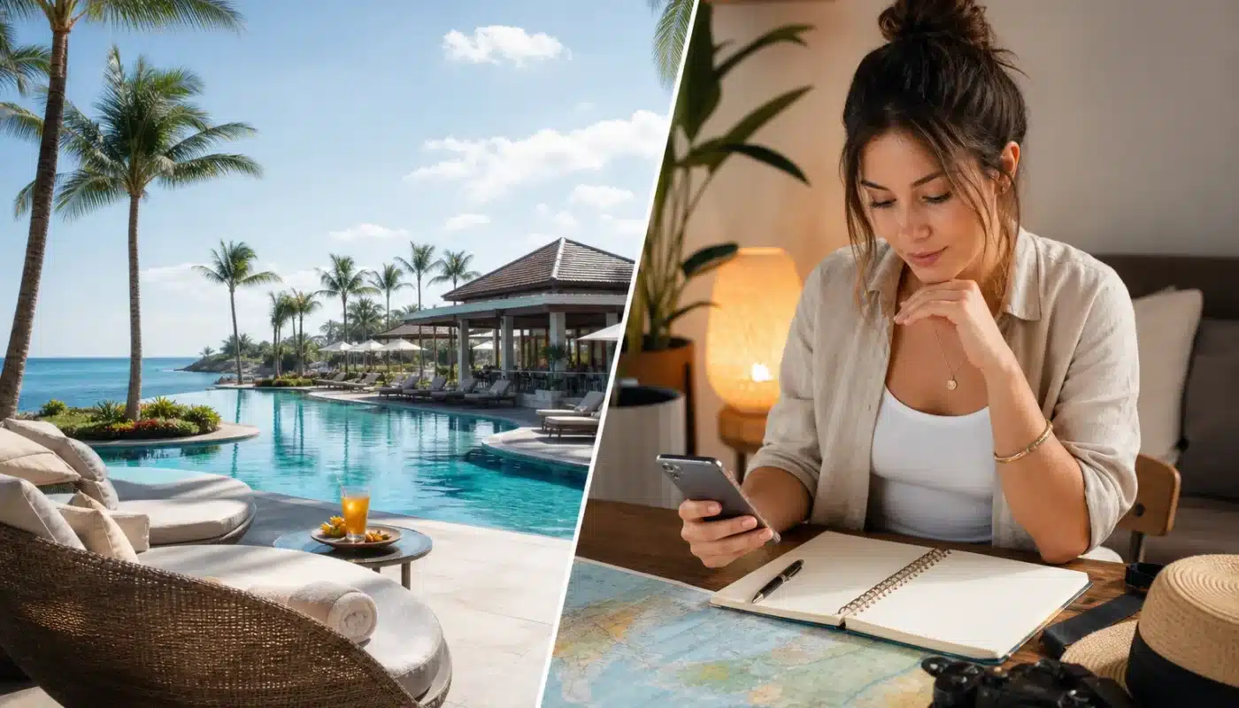 Voyageurs comparant vacances all inclusive et séjour en liberté