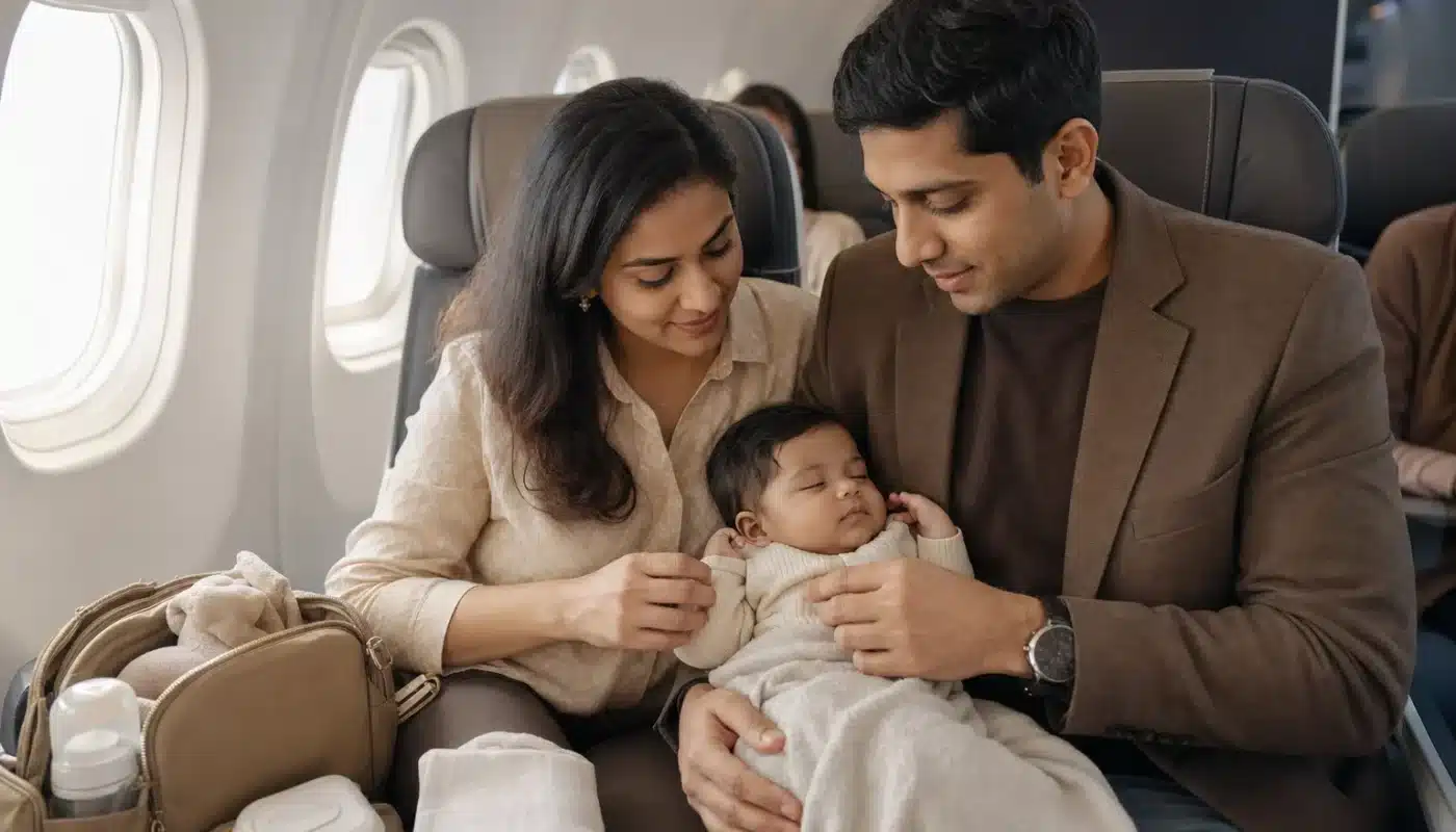 Famille avec bébé préparant un voyage en avion en cabine