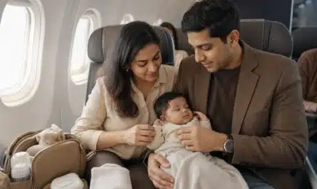 Famille avec bébé préparant un voyage en avion en cabine