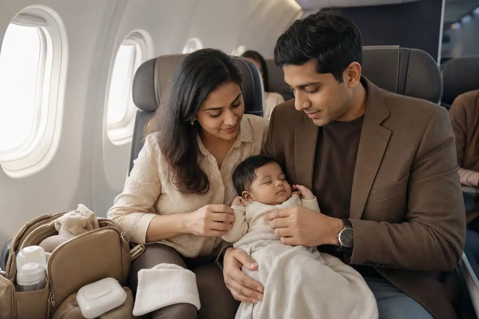 Famille avec bébé préparant un voyage en avion en cabine