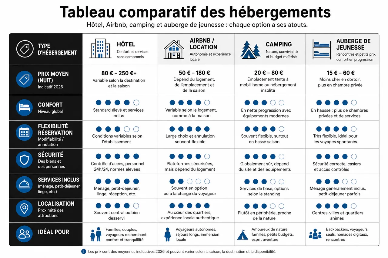 Hôtel, location, camping ou auberge de jeunesse quel hébergement choisir selon votre façon de voyager? , Tableau comparatif des hébergements: hôtel, airbnb, camping et auberge de jeunesse
