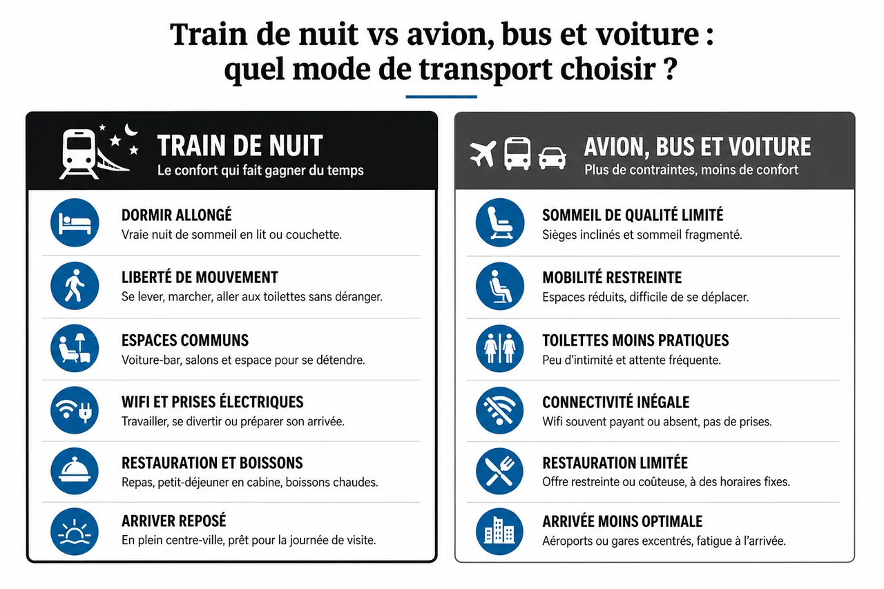 Train de nuit en Europe comment profiter du trajet pour gagner du temps et du confort , Train de nuit vs avion, bus et voiture: quel mode de transport choisir?