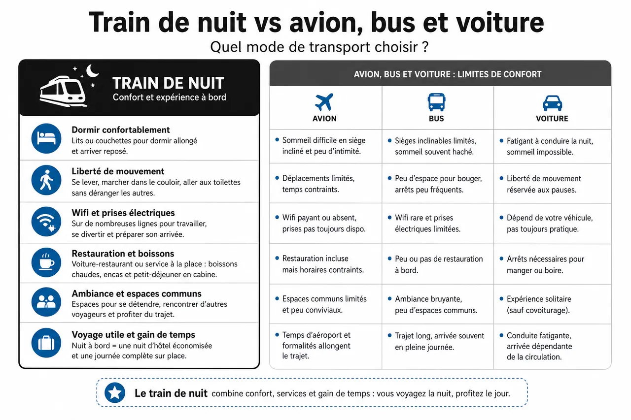 Train de nuit en Europe comment profiter du trajet pour gagner du temps et du confort , Train de nuit vs avion, bus et voiture: quel mode de transport choisir?