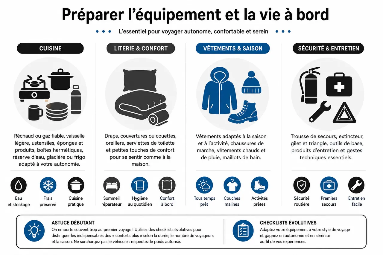 Préparer un voyage en camping-car pour débutants par où commencer quand on n’y connaît rien? , Préparer l’équipement et la vie à bord