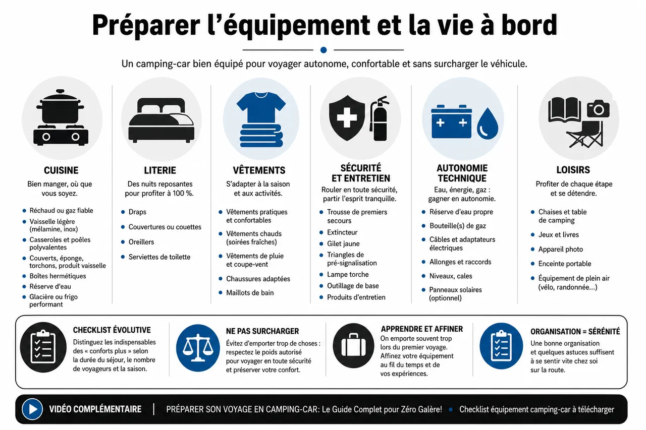 Préparer un voyage en camping-car pour débutants par où commencer quand on n’y connaît rien? , Préparer l’équipement et la vie à bord