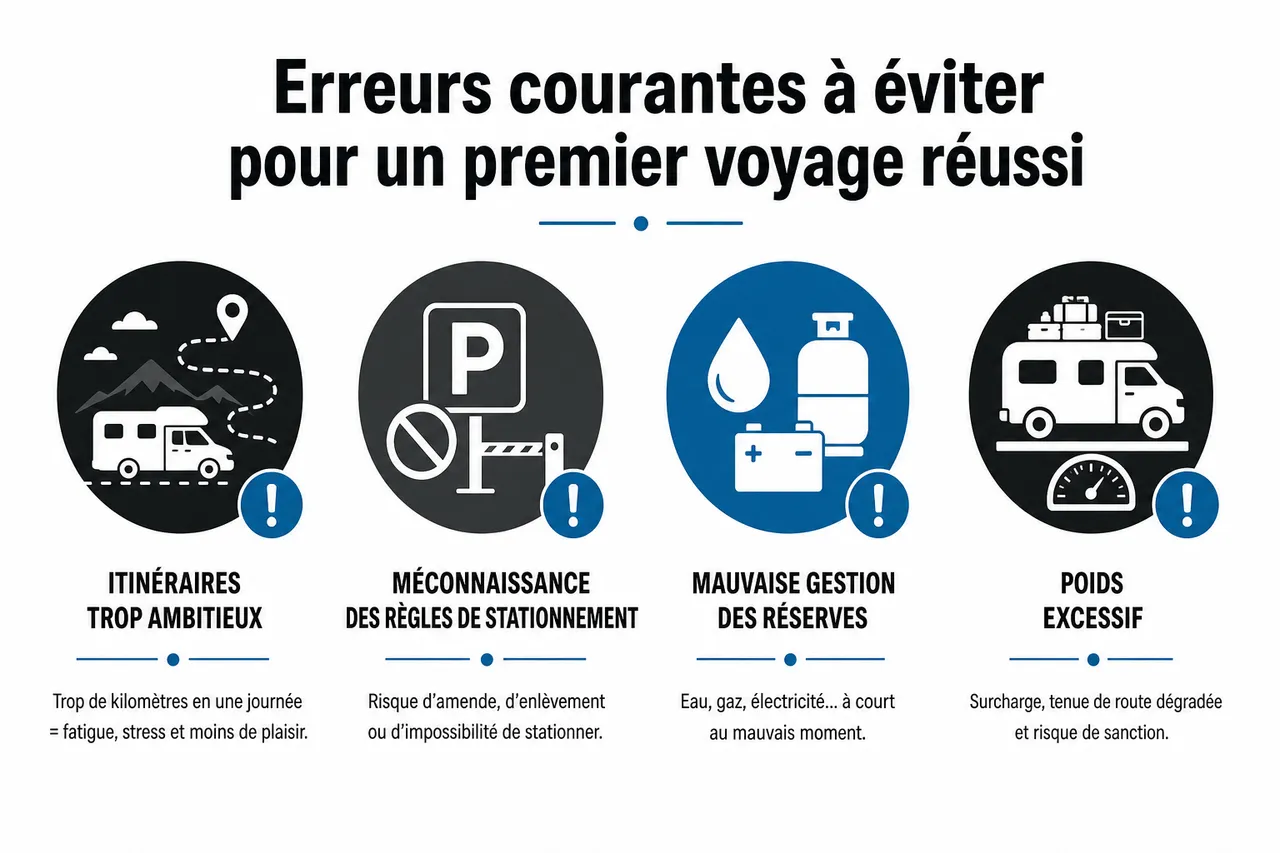 Préparer un voyage en camping-car pour débutants par où commencer quand on n’y connaît rien? , Erreurs courantes à éviter pour un premier voyage réussi