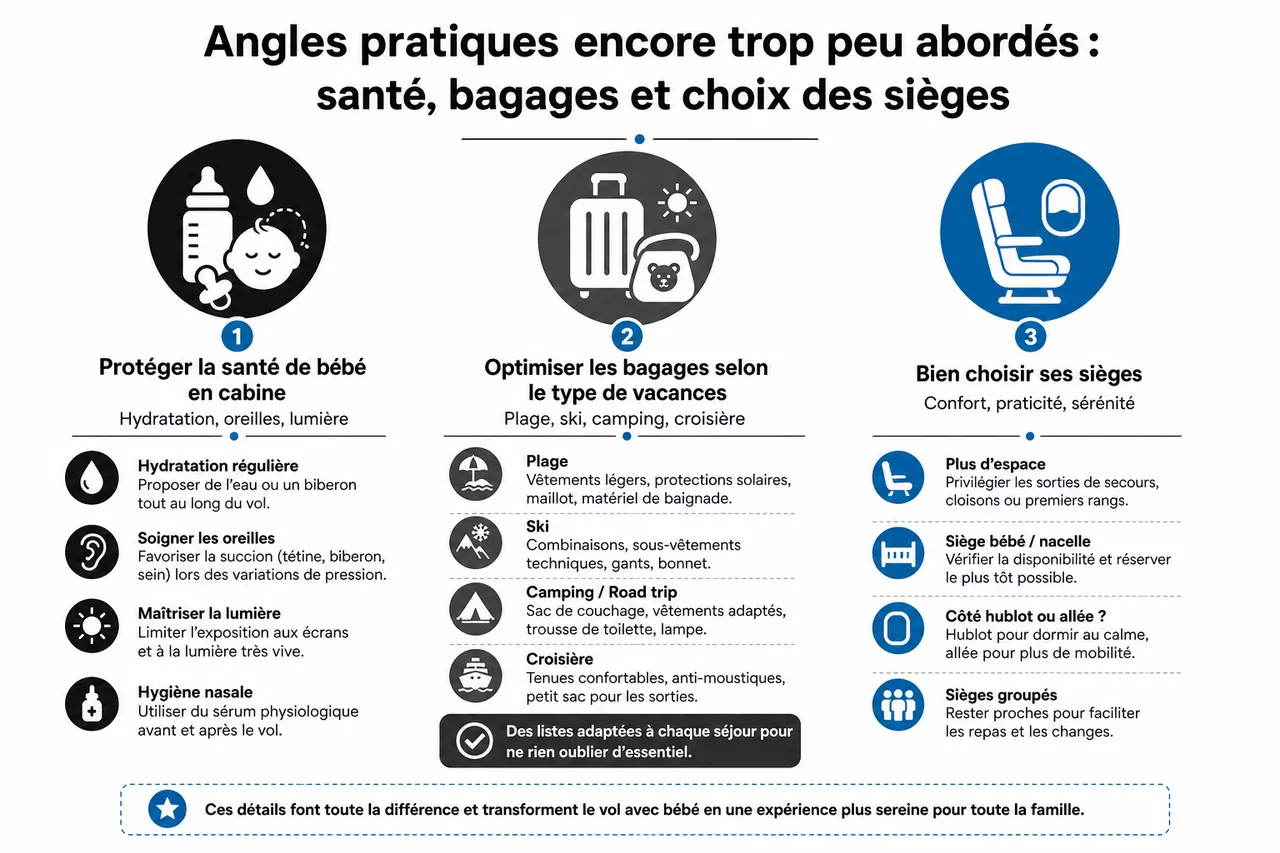 Voyager en avion avec un bébé comment s’organiser pour que le trajet se passe vraiment bien , Angles pratiques encore trop peu abordés: santé, bagages et choix des sièges