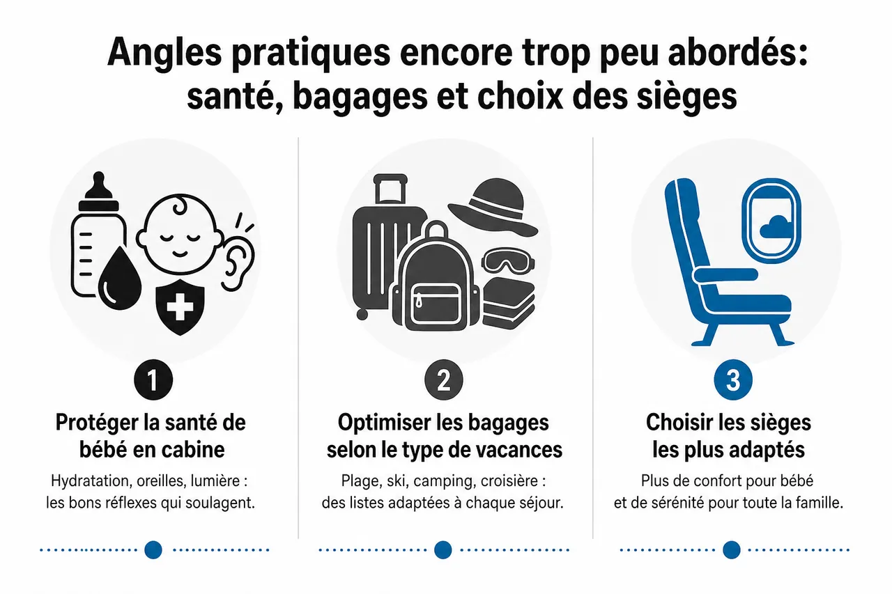 Voyager en avion avec un bébé comment s’organiser pour que le trajet se passe vraiment bien , Angles pratiques encore trop peu abordés: santé, bagages et choix des sièges