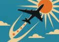 Avion decollant facon affiche vintage, trainee jalonnee symbolisant le paiement en plusieurs fois