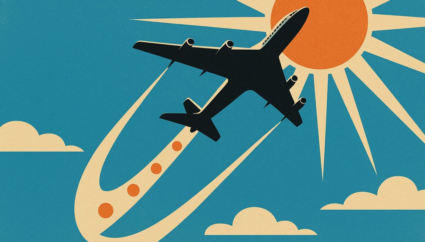 Avion decollant facon affiche vintage, trainee jalonnee symbolisant le paiement en plusieurs fois