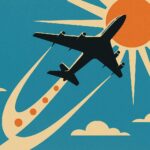 Avion decollant facon affiche vintage, trainee jalonnee symbolisant le paiement en plusieurs fois