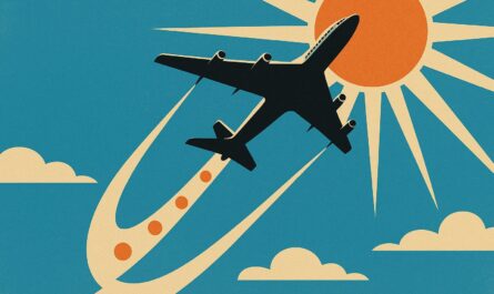Avion decollant facon affiche vintage, trainee jalonnee symbolisant le paiement en plusieurs fois