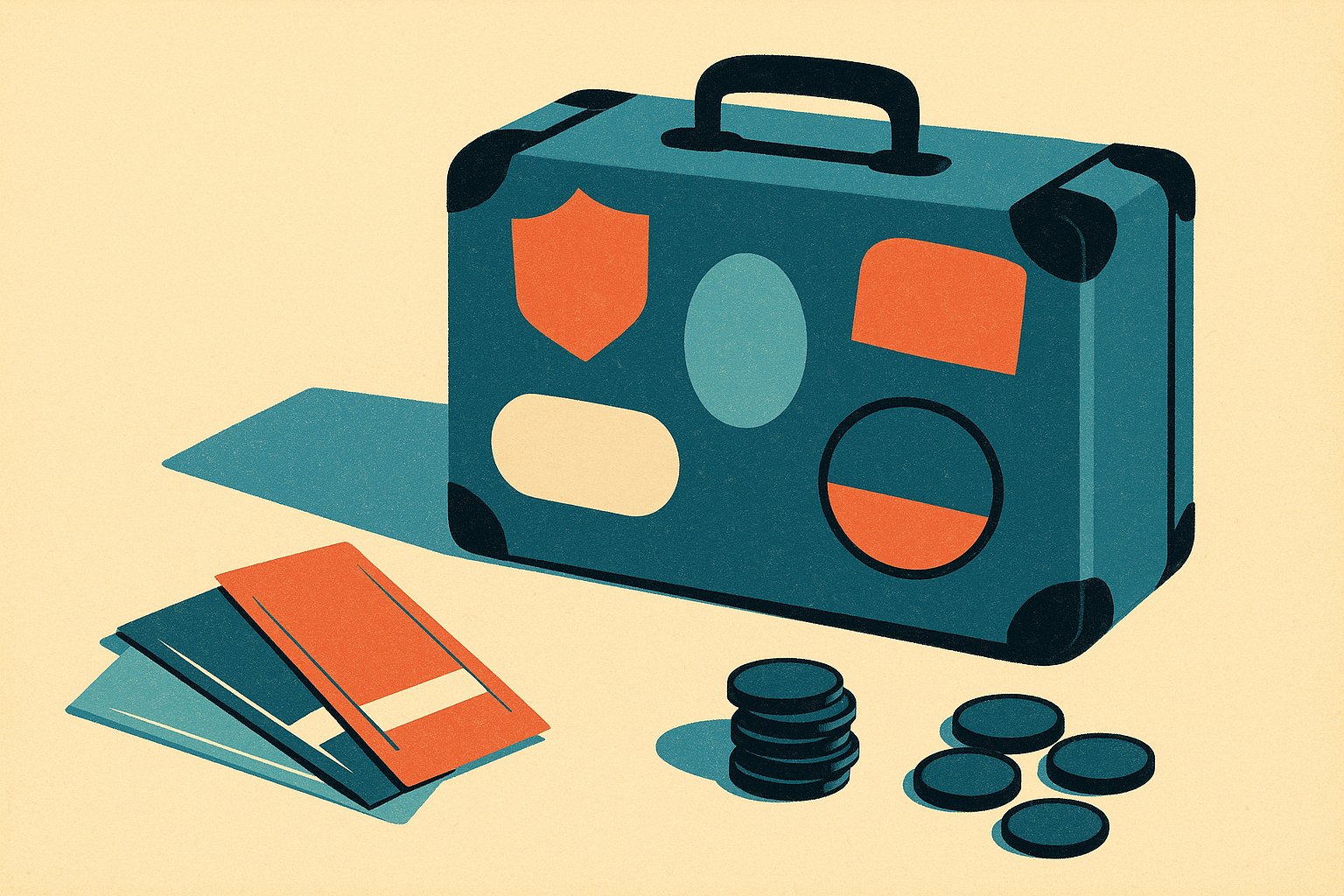 Valise vintage, billets et pieces symbolisant le budget d'une croisiere sur le Nil