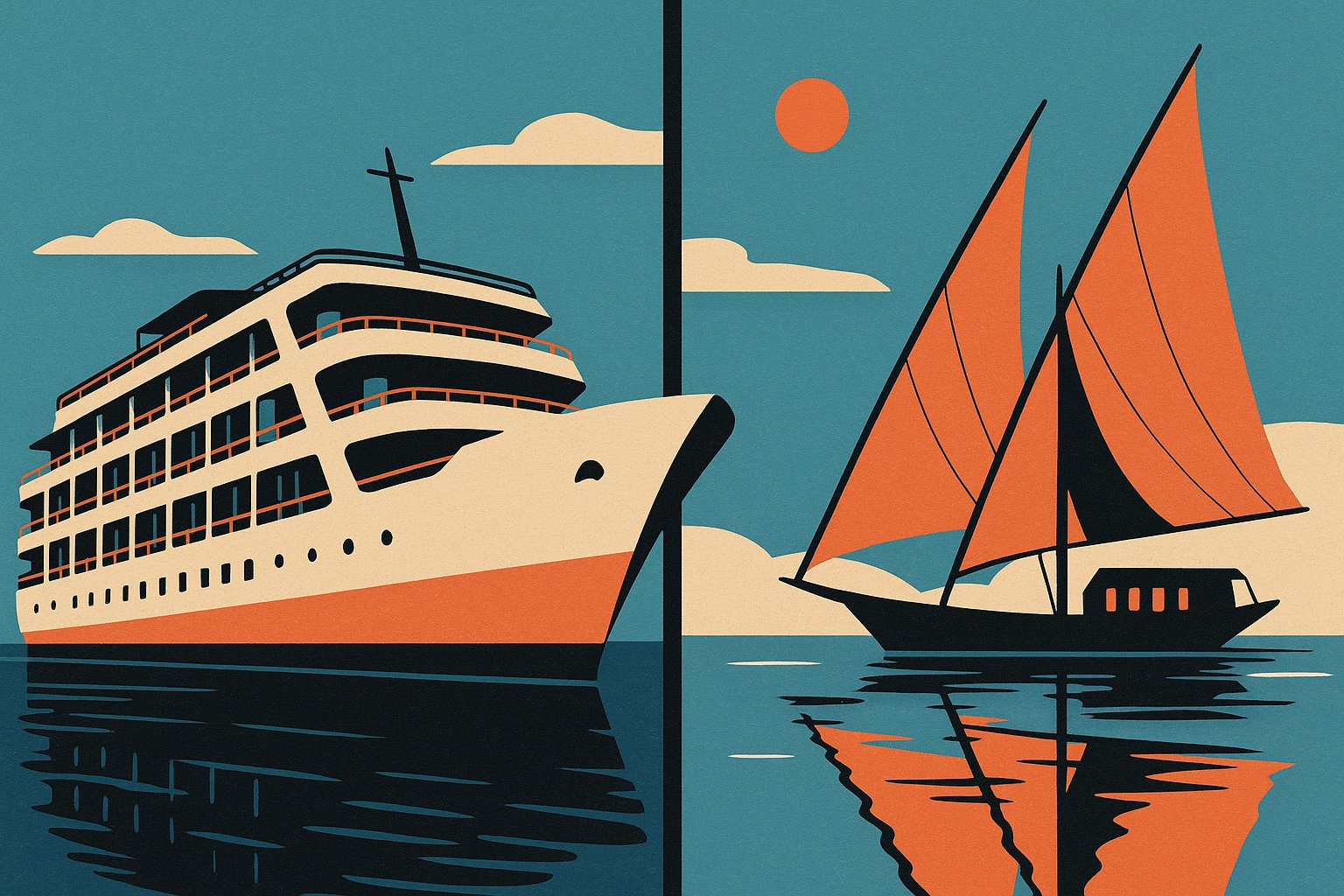 Comparaison bateau de croisiere 5 etoiles et dahabieh sur le Nil, affiche vintage