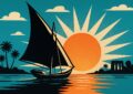 Felouque sur le Nil au coucher de soleil, illustration affiche vintage