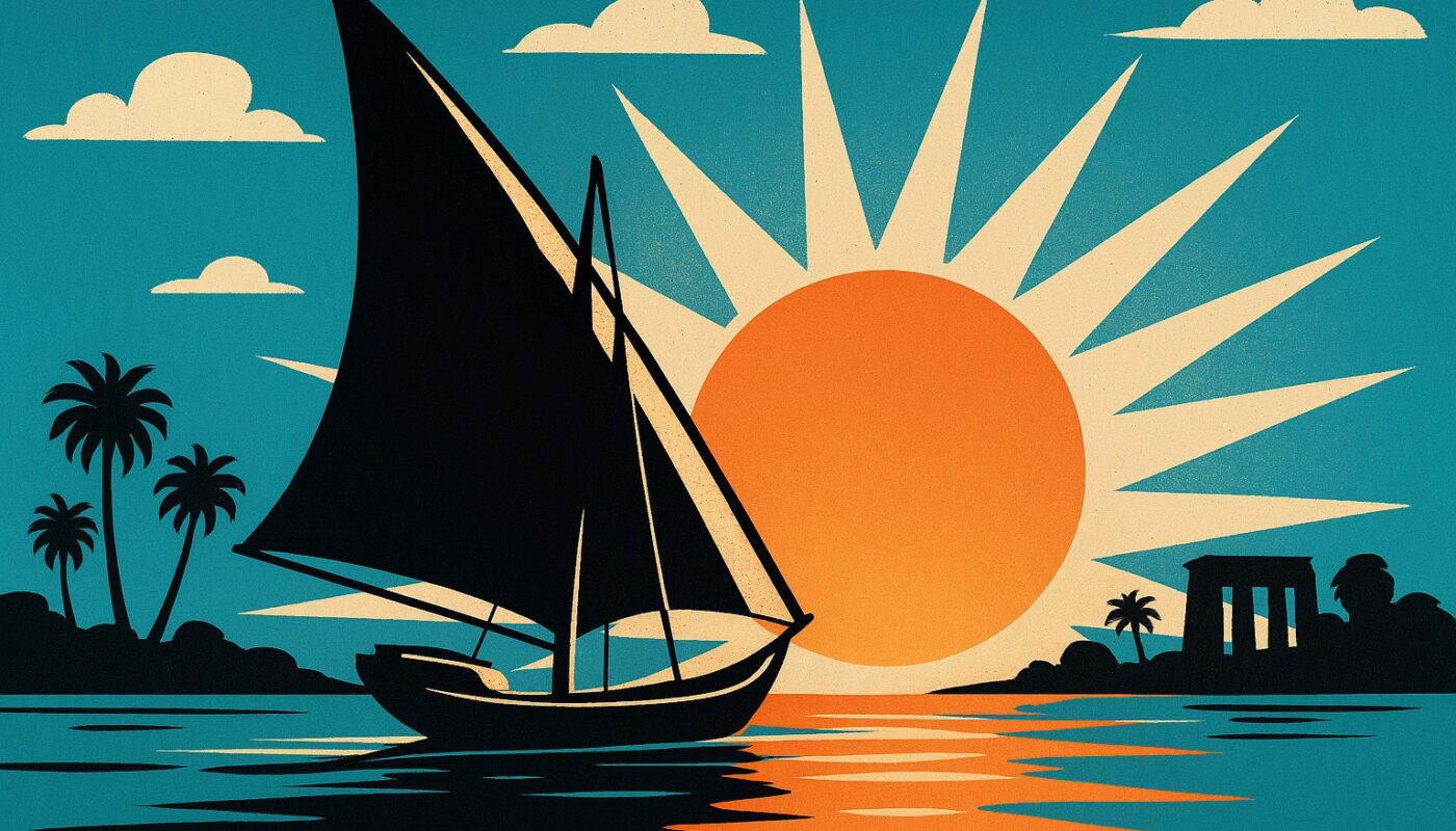 Felouque sur le Nil au coucher de soleil, illustration affiche vintage