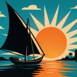 Felouque sur le Nil au coucher de soleil, illustration affiche vintage