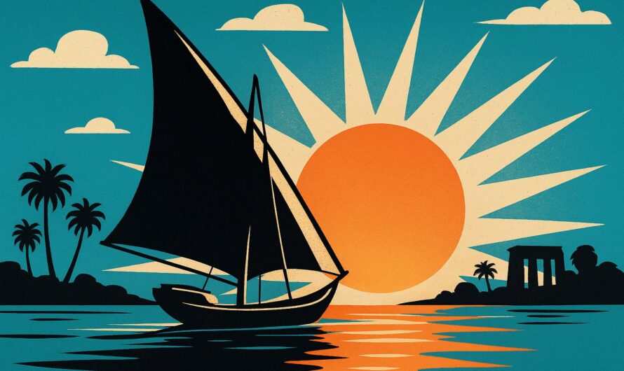 Felouque sur le Nil au coucher de soleil, illustration affiche vintage