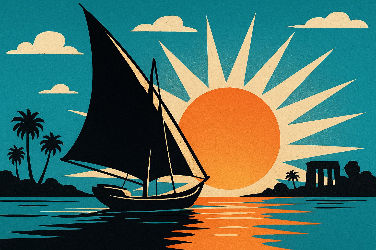 Felouque sur le Nil au coucher de soleil, illustration affiche vintage