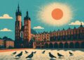 Illustration affiche vintage de la vieille ville de Cracovie, point de départ d'un voyage de 3 jours vers Auschwitz