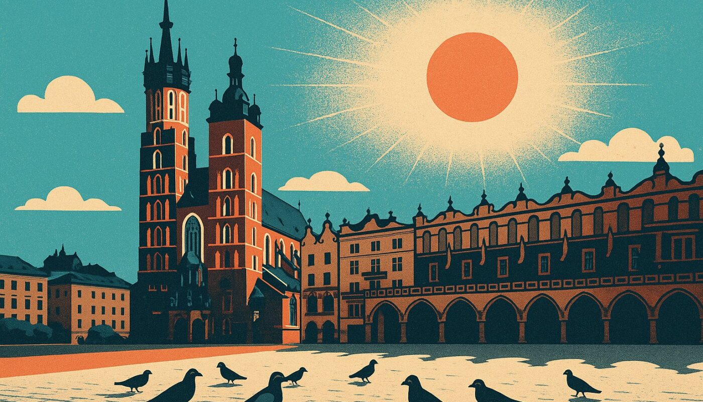 Illustration affiche vintage de la vieille ville de Cracovie, point de départ d'un voyage de 3 jours vers Auschwitz