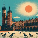Illustration affiche vintage de la vieille ville de Cracovie, point de départ d'un voyage de 3 jours vers Auschwitz